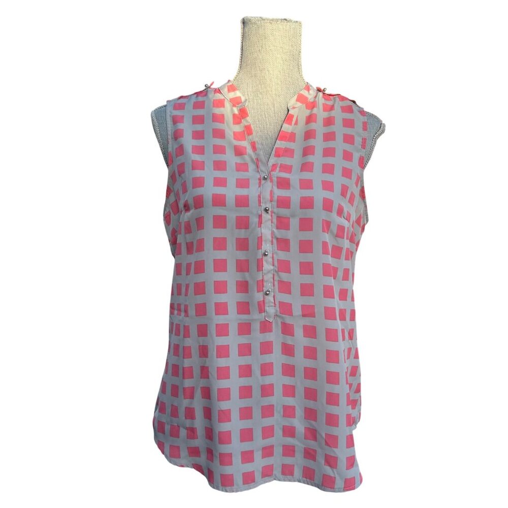 NWT Y2K New York & Company Sleeveless Blouse Pink/Gray Checkered Print -‎ Medium